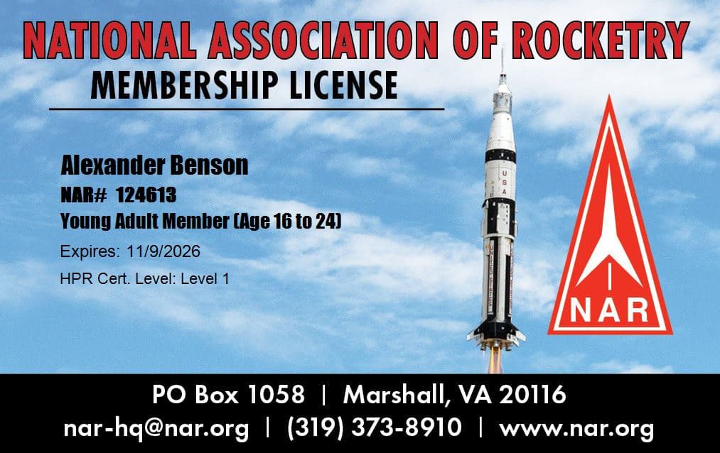 NAR Level 1 High Power Rocketry Certification Card